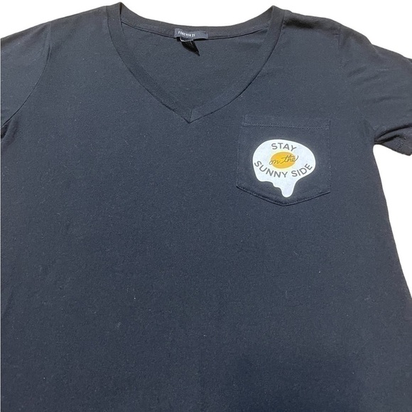 FOREVER 21 Womens Black Solid V-Neck Graphic T-shirt with pocket Small Cotton - Picture 9 of 16